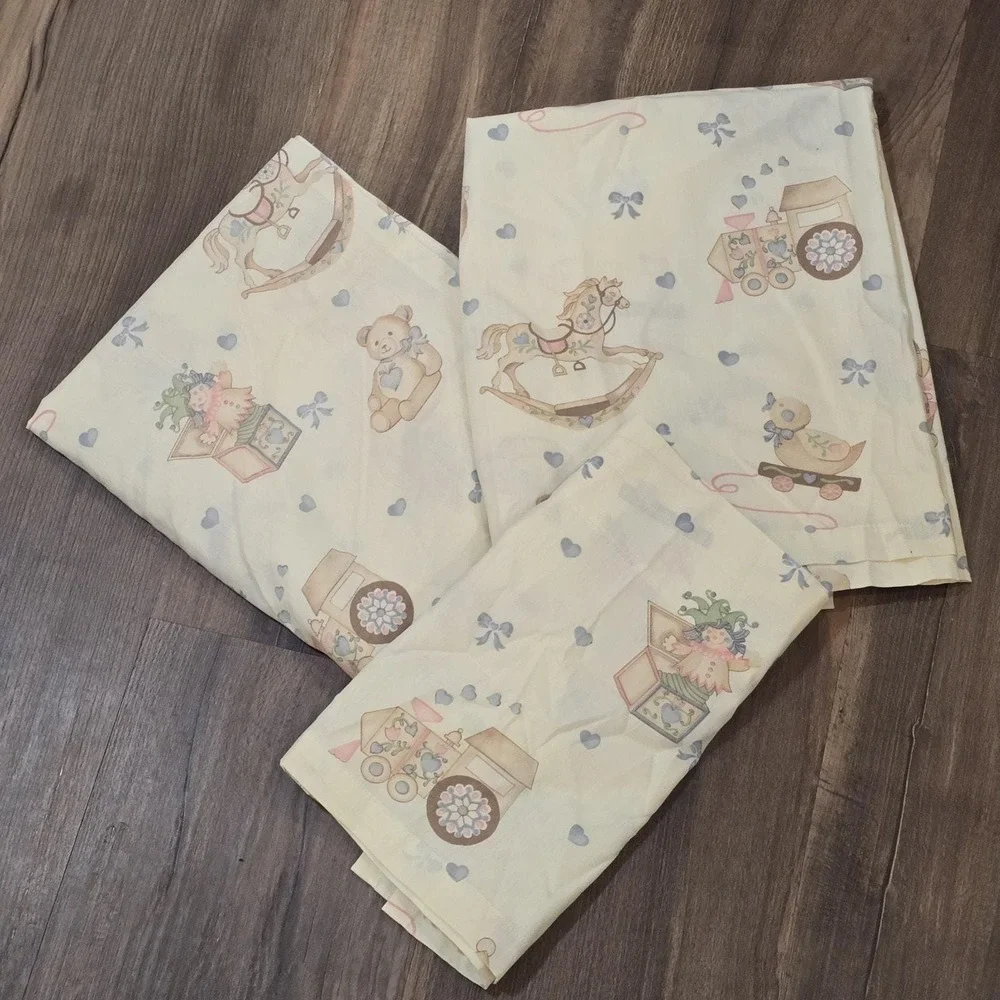 2 Rocking Horse Vtg Toys Nursery Baby Room Handmade Curtains Valance Cottagecore